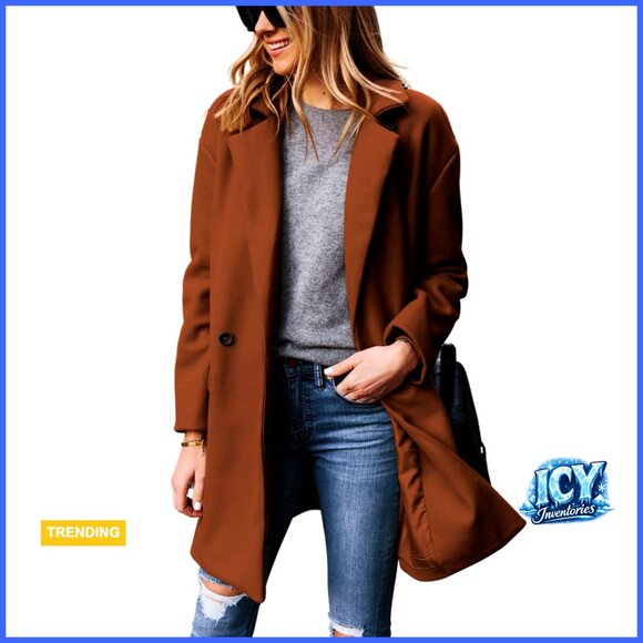 Wool Blend Pea Coat with Notched Lapel Long Sleeve Blazer Style